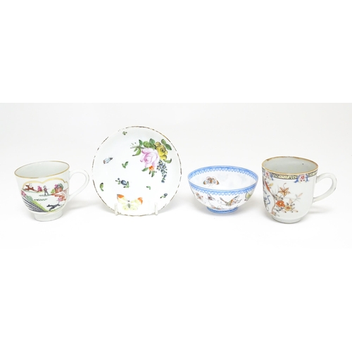 48 - Four Chinese items to include a tea bowl decorated with butterflies, a saucer with hand painted flor... 