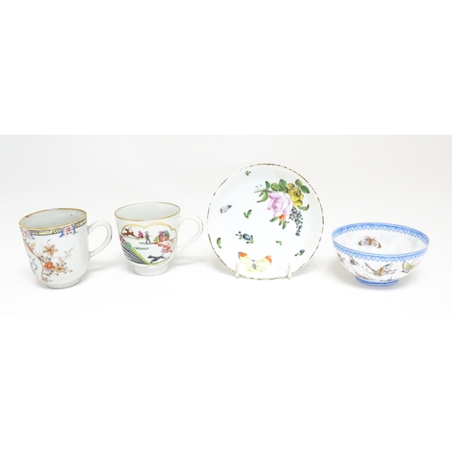 48 - Four Chinese items to include a tea bowl decorated with butterflies, a saucer with hand painted flor... 