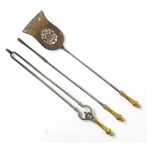 1587A - A 19th set of fire tools, comprising shovel, poker and tongs, each with polished wrought iron shafts... 