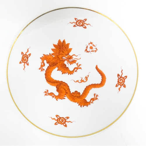 127 - A Meissen plate decorated in the red dragon pattern with pearl of wisdom. Marked under. Approx. 10