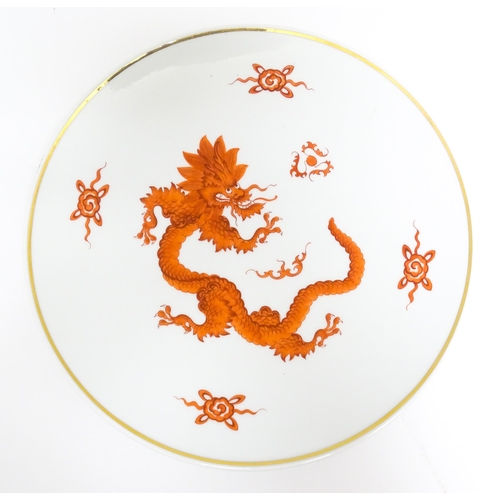 127 - A Meissen plate decorated in the red dragon pattern with pearl of wisdom. Marked under. Approx. 10