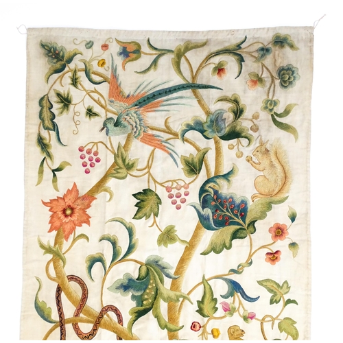 1410 - A large early 20thC Arts & Crafts crewelwork embroidery with tree of life design with flowers, folia... 