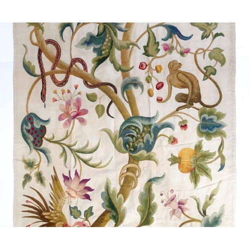 1410 - A large early 20thC Arts & Crafts crewelwork embroidery with tree of life design with flowers, folia... 