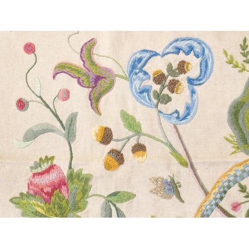 1411 - An early 20thC Arts & Crafts crewelwork embroidery decorated with flowers, foliage, acorns, insects ... 