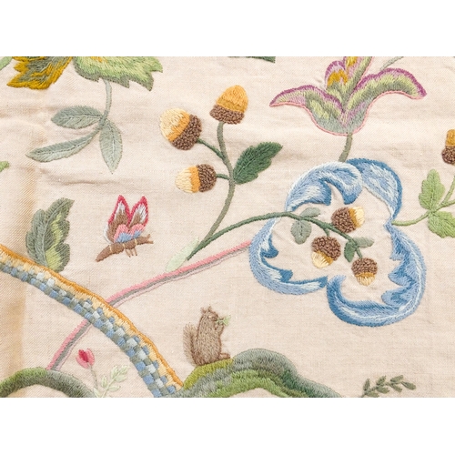 1411 - An early 20thC Arts & Crafts crewelwork embroidery decorated with flowers, foliage, acorns, insects ... 