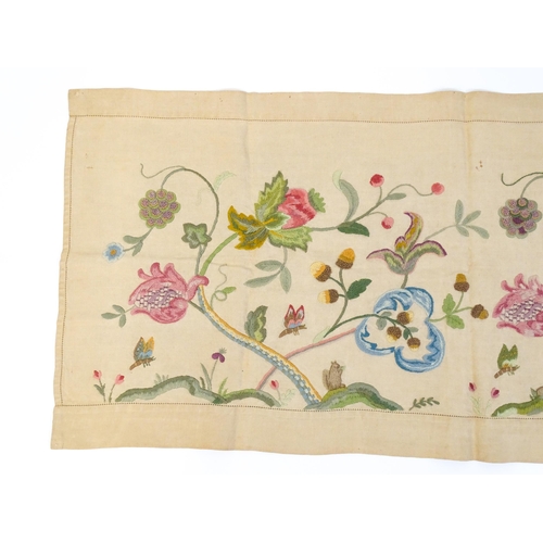 1411 - An early 20thC Arts & Crafts crewelwork embroidery decorated with flowers, foliage, acorns, insects ... 