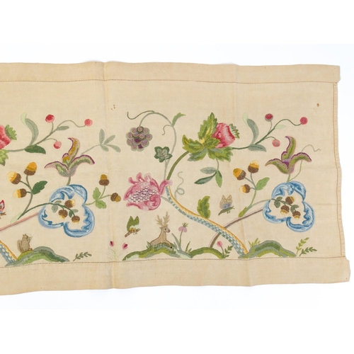 1411 - An early 20thC Arts & Crafts crewelwork embroidery decorated with flowers, foliage, acorns, insects ... 