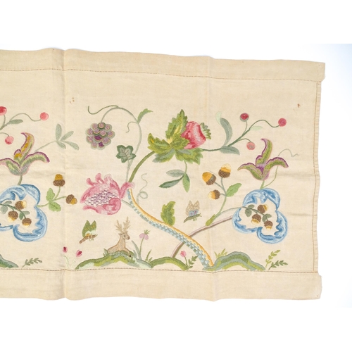 1411 - An early 20thC Arts & Crafts crewelwork embroidery decorated with flowers, foliage, acorns, insects ... 