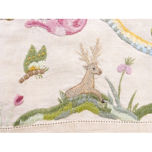 1411 - An early 20thC Arts & Crafts crewelwork embroidery decorated with flowers, foliage, acorns, insects ... 