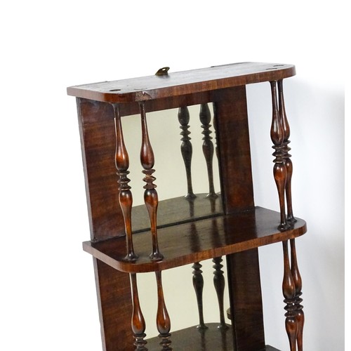 1744 - A pair of rosewood veneered mirrored wall shelves, each with four shelves supported by thin turned s... 