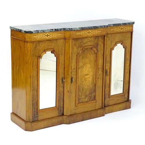 1747 - A 19thC marble topped walnut sideboard with satinwood marquetry decoration and a three panelled door... 