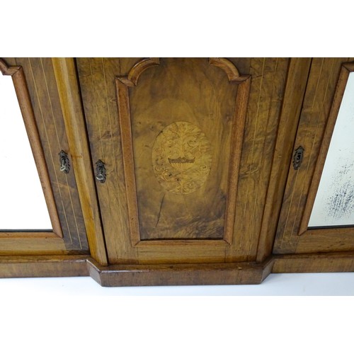 1747 - A 19thC marble topped walnut sideboard with satinwood marquetry decoration and a three panelled door... 