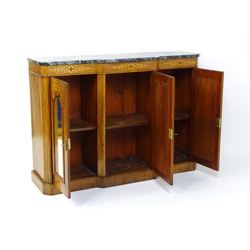 1747 - A 19thC marble topped walnut sideboard with satinwood marquetry decoration and a three panelled door... 