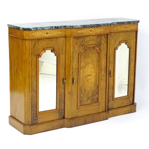 1747 - A 19thC marble topped walnut sideboard with satinwood marquetry decoration and a three panelled door... 