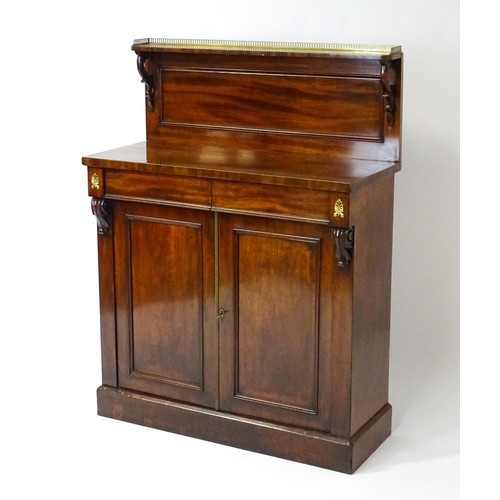 1748 - A 19thC mahogany chiffonier with a brass gallery above scrolled brackets and two short frieze drawer... 