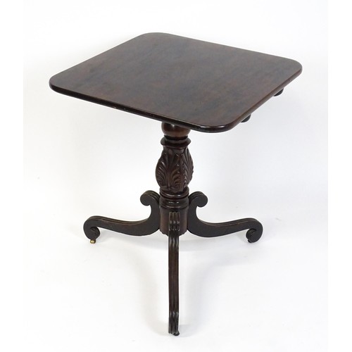 1866 - A 19thC mahogany occasional table with a turned anthemion carved pedestal base raised on three reede... 