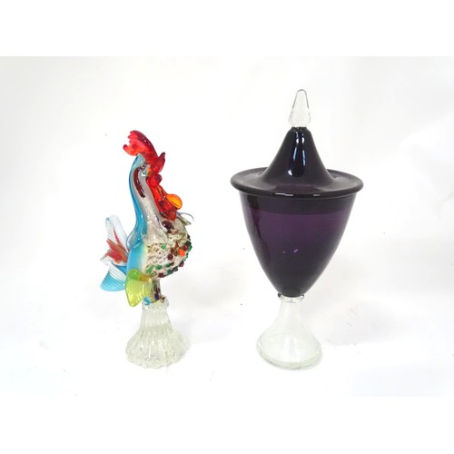 912 - A Murano glass style model of a cockerel. Together with an amethyst and clear glass lidded vase and ... 