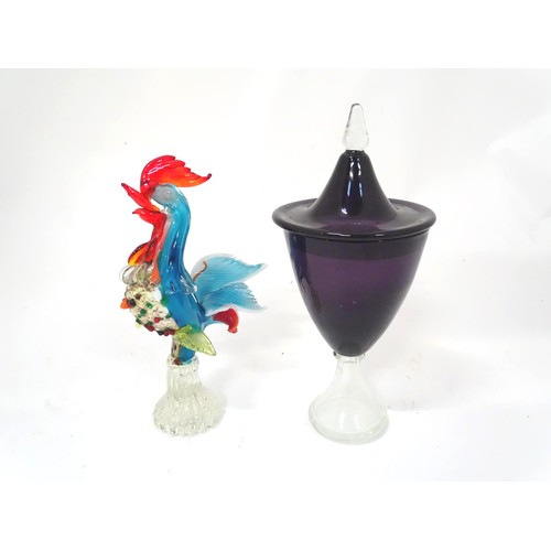 912 - A Murano glass style model of a cockerel. Together with an amethyst and clear glass lidded vase and ... 