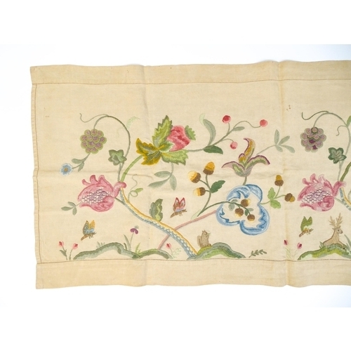 1411 - An early 20thC Arts & Crafts crewelwork embroidery decorated with flowers, foliage, acorns, insects ... 