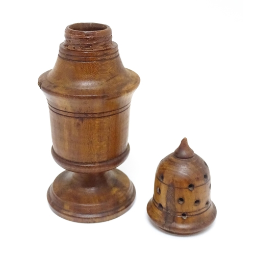 1385A - Treen : A late 19th / early 20thC turned wooden muffineer / sugar caster with banded detail. Approx.... 