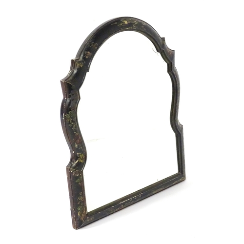 1803 - An early 20thC bevelled mirror of arched form, with carved and painted chinoiserie decoration depict... 