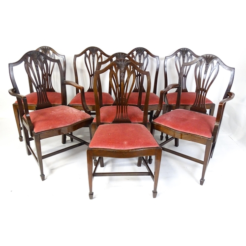 1896 - A set of eight late 19thC / early 20thC Hepplewhite style dining chairs with pierced and carved back... 