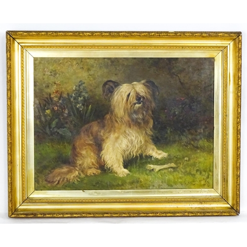 James Hardy II (1832-1889), Oil on canvas, A portrait of a seated Cairn Terrier dog with a bone in a flower garden. Signed and dated April (18)30 lower right. Approx. 19" x 26"