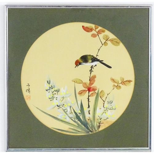 2233 - Chinese School, Watercolours, A pair of bird studies with flowers and foliage. Both with Character s... 