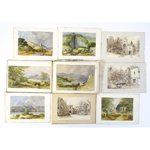 2240 - A 19thC album / sketchbook of watercolours and ink drawings depicting Derbyshire and Welsh views to ... 