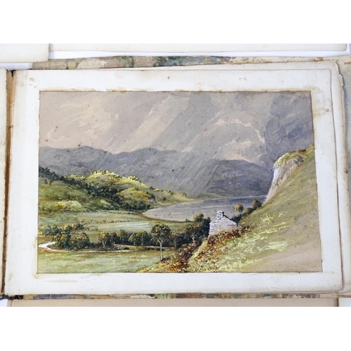 2240 - A 19thC album / sketchbook of watercolours and ink drawings depicting Derbyshire and Welsh views to ... 