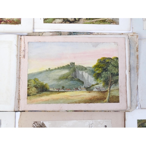 2240 - A 19thC album / sketchbook of watercolours and ink drawings depicting Derbyshire and Welsh views to ... 