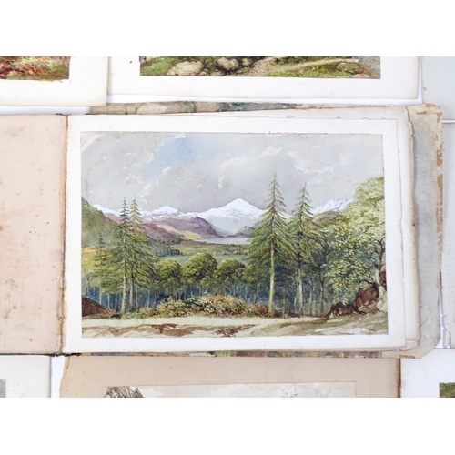 2240 - A 19thC album / sketchbook of watercolours and ink drawings depicting Derbyshire and Welsh views to ... 