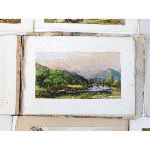 2240 - A 19thC album / sketchbook of watercolours and ink drawings depicting Derbyshire and Welsh views to ... 