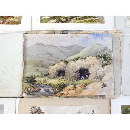 2240 - A 19thC album / sketchbook of watercolours and ink drawings depicting Derbyshire and Welsh views to ... 