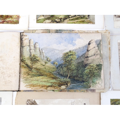 2240 - A 19thC album / sketchbook of watercolours and ink drawings depicting Derbyshire and Welsh views to ... 