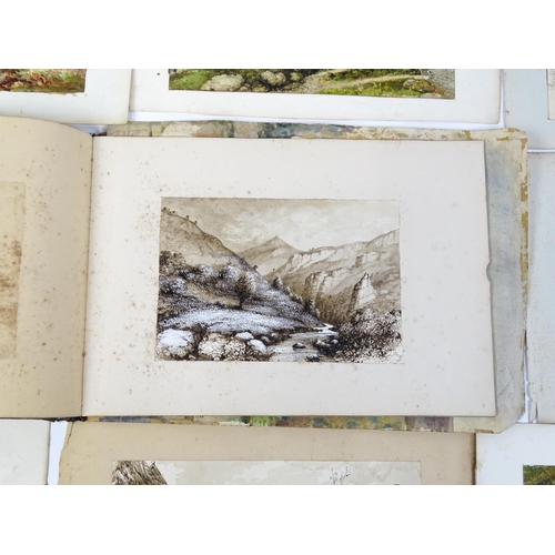 2240 - A 19thC album / sketchbook of watercolours and ink drawings depicting Derbyshire and Welsh views to ... 