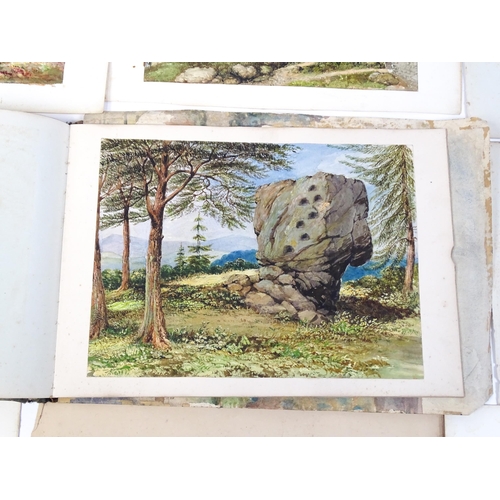 2240 - A 19thC album / sketchbook of watercolours and ink drawings depicting Derbyshire and Welsh views to ... 