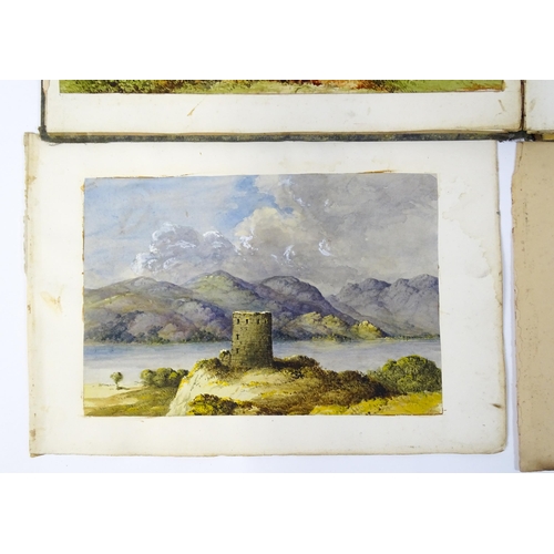 2240 - A 19thC album / sketchbook of watercolours and ink drawings depicting Derbyshire and Welsh views to ... 