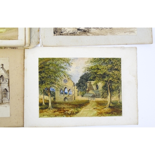 2240 - A 19thC album / sketchbook of watercolours and ink drawings depicting Derbyshire and Welsh views to ... 