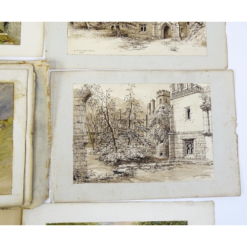 2240 - A 19thC album / sketchbook of watercolours and ink drawings depicting Derbyshire and Welsh views to ... 