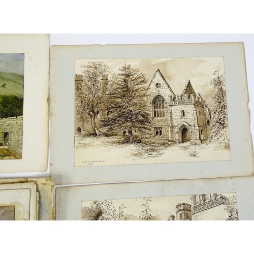 2240 - A 19thC album / sketchbook of watercolours and ink drawings depicting Derbyshire and Welsh views to ... 