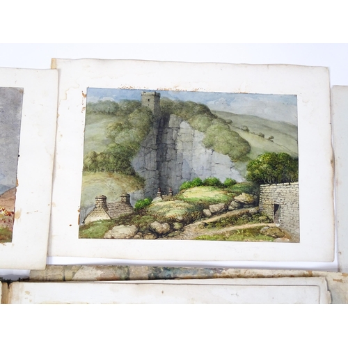 2240 - A 19thC album / sketchbook of watercolours and ink drawings depicting Derbyshire and Welsh views to ... 