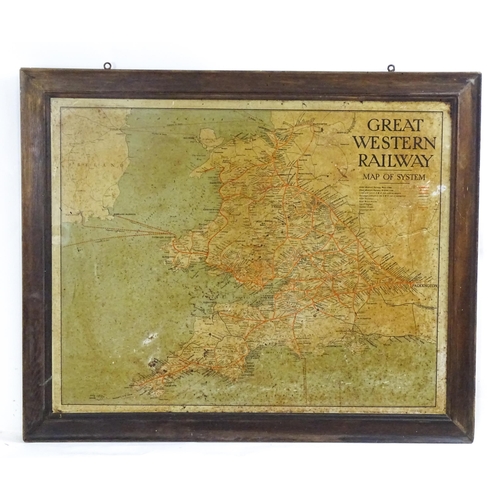 2491 - An oak framed tin plate map of the Great Western Railway Map of System. Approx. 27 3/4