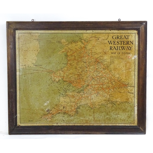 2491 - An oak framed tin plate map of the Great Western Railway Map of System. Approx. 27 3/4