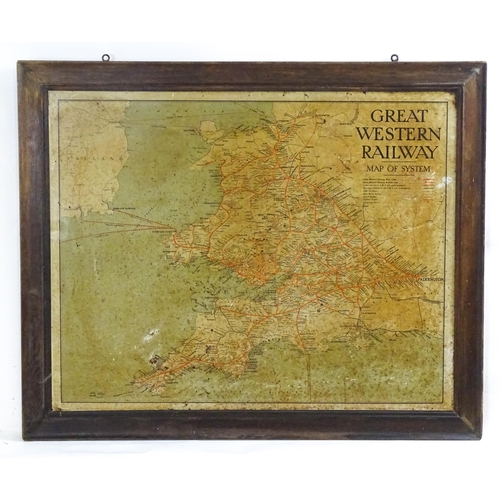 2491 - An oak framed tin plate map of the Great Western Railway Map of System. Approx. 27 3/4