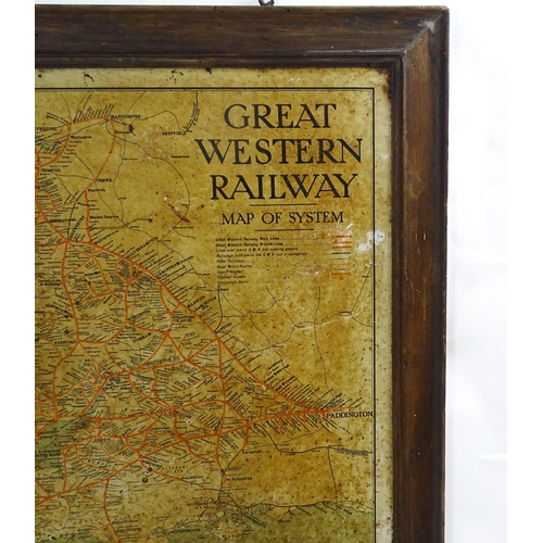 2491 - An oak framed tin plate map of the Great Western Railway Map of System. Approx. 27 3/4