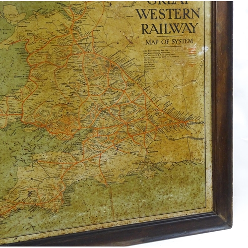 2491 - An oak framed tin plate map of the Great Western Railway Map of System. Approx. 27 3/4