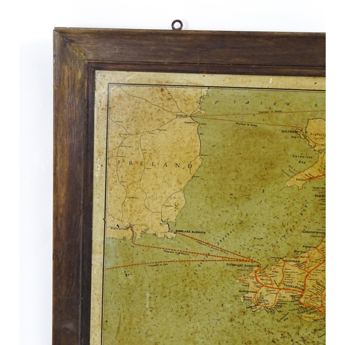 2491 - An oak framed tin plate map of the Great Western Railway Map of System. Approx. 27 3/4