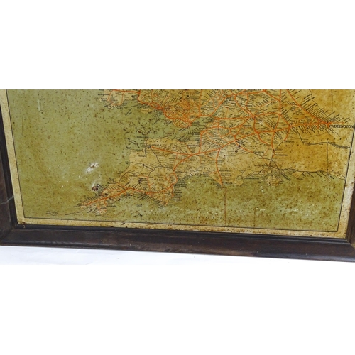 2491 - An oak framed tin plate map of the Great Western Railway Map of System. Approx. 27 3/4