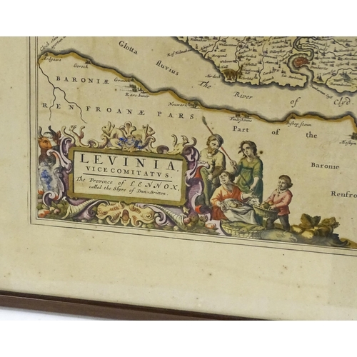 2492 - Map: A 17thC engraved and hand coloured map titled 'Levinia Vice Comitatus the Province of Lennox ca... 